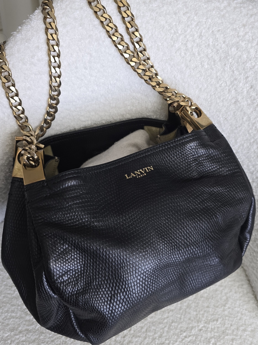 Lanvin Tilda Black Lizard Style Shoulder Bag with Gold Chain